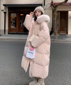 Pink Large Fur Collar Down Coat for Women, Knee-Length Thick Winter Jacket, 2025 Stylish Warm Bread Coat