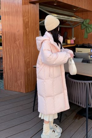 Pink Long Down Cotton Coat for Women - Stylish Loose Thick Winter Jacket, Trendy 2025 Fashion