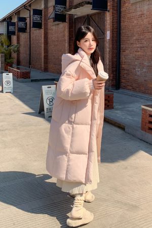 Pink Long Down Cotton Coat for Women - Stylish Loose Thick Winter Jacket, Trendy 2025 Fashion