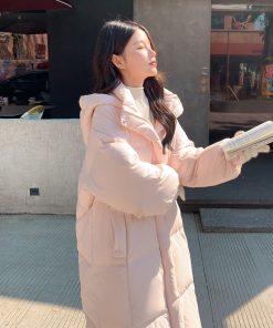 Pink Long Down Cotton Coat for Women - Stylish Loose Thick Winter Jacket, Trendy 2025 Fashion