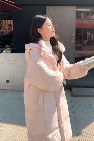 Pink Long Down Cotton Coat for Women - Stylish Loose Thick Winter Jacket, Trendy 2025 Fashion