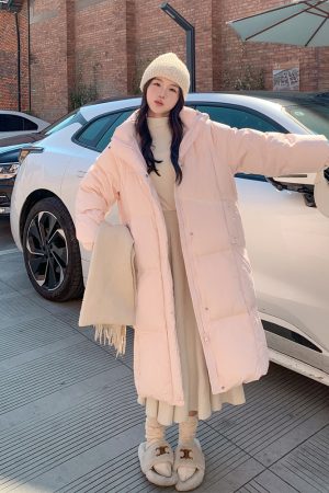 Pink Long Down Cotton Coat for Women - Stylish Loose Thick Winter Jacket, Trendy 2025 Fashion