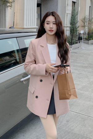 Pink Loose-Fit Casual Blazer for Women - Korean Style Age-Reducing Suit Jacket, Versatile for Spring and Autumn, Petite Sizes