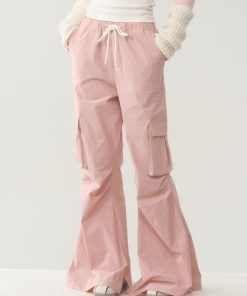 Pink Loose Fit Flared Work Pants for Women - Casual BF Style Airy Trousers for Weekend Wear