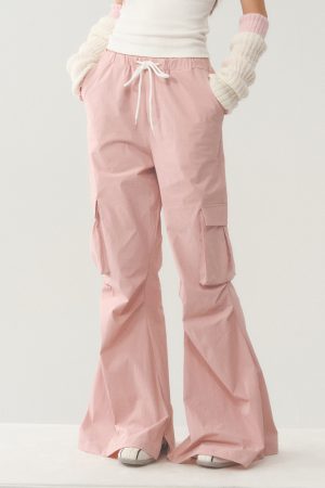 Pink Loose Fit Flared Work Pants for Women - Casual BF Style Airy Trousers for Weekend Wear