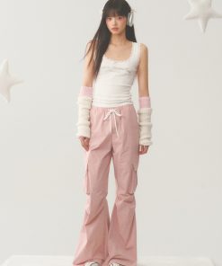 Pink Loose Fit Flared Work Pants for Women - Casual BF Style Airy Trousers for Weekend Wear