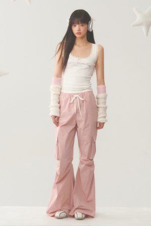Pink Loose Fit Flared Work Pants for Women - Casual BF Style Airy Trousers for Weekend Wear