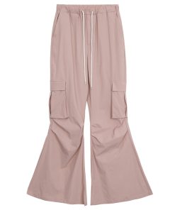 Pink Loose Fit Flared Work Pants for Women - Casual BF Style Airy Trousers for Weekend Wear