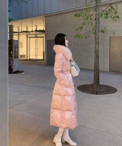 Pink Mid-Length Waist-Cinching Duck Down Jacket for Women - Elegant Sweet Peach Coat for a Chic Look