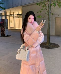 Pink Mid-Length Waist-Cinching Duck Down Jacket for Women - Elegant Sweet Peach Coat for a Chic Look