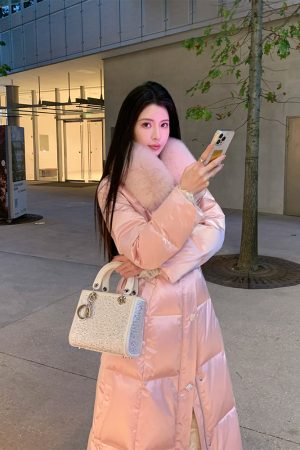 Pink Mid-Length Waist-Cinching Duck Down Jacket for Women - Elegant Sweet Peach Coat for a Chic Look