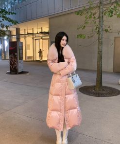 Pink Mid-Length Waist-Cinching Duck Down Jacket for Women - Elegant Sweet Peach Coat for a Chic Look