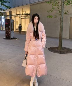 Pink Mid-Length Waist-Cinching Duck Down Jacket for Women - Elegant Sweet Peach Coat for a Chic Look