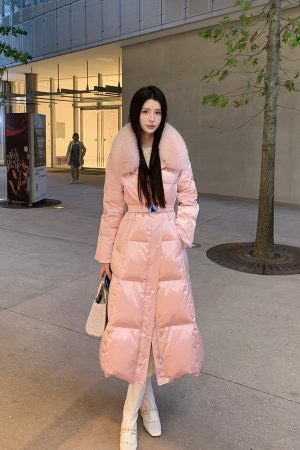 Pink Mid-Length Waist-Cinching Duck Down Jacket for Women - Elegant Sweet Peach Coat for a Chic Look