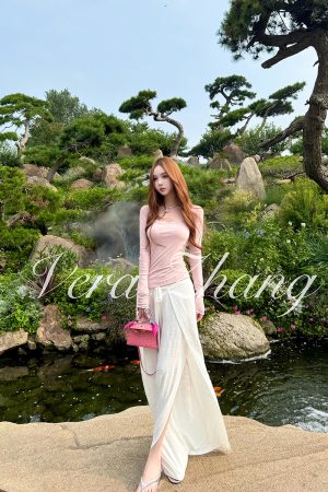 Pink Mist Long Sleeve T-Shirt for Women, Wide Leg Skirt Pants, Fairy Style Casual Outfit, Trendy Y2K Fashion