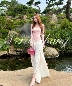 Pink Mist Long Sleeve T-Shirt for Women, Wide Leg Skirt Pants, Fairy Style Casual Outfit, Trendy Y2K Fashion