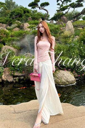Pink Mist Long Sleeve T-Shirt for Women, Wide Leg Skirt Pants, Fairy Style Casual Outfit, Trendy Y2K Fashion
