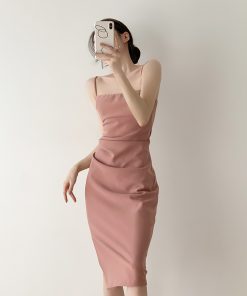 Pink Spaghetti Strap Bodycon Dress for Petite Women - Long Waist-Cinching Skirt, French Style, Sexy Chic Fashion