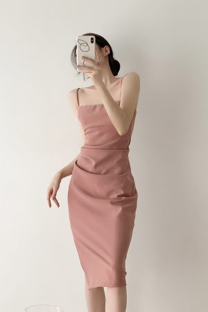 Pink Spaghetti Strap Bodycon Dress for Petite Women - Long Waist-Cinching Skirt, French Style, Sexy Chic Fashion