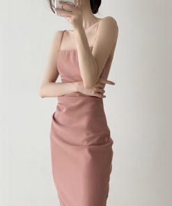 Pink Spaghetti Strap Bodycon Dress for Petite Women - Long Waist-Cinching Skirt, French Style, Sexy Chic Fashion