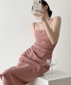 Pink Spaghetti Strap Bodycon Dress for Petite Women - Long Waist-Cinching Skirt, French Style, Sexy Chic Fashion