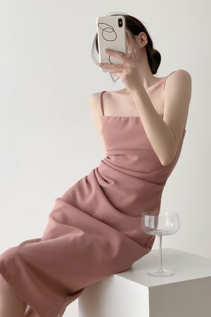 Pink Spaghetti Strap Bodycon Dress for Petite Women - Long Waist-Cinching Skirt, French Style, Sexy Chic Fashion
