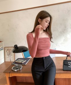 Pink Square Neck Pleated Knitted Sweater for Women - Short Sleeve Ribbed Slim Fit Base Layer Top in 90s Y2K Style