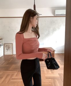 Pink Square Neck Pleated Knitted Sweater for Women - Short Sleeve Ribbed Slim Fit Base Layer Top in 90s Y2K Style