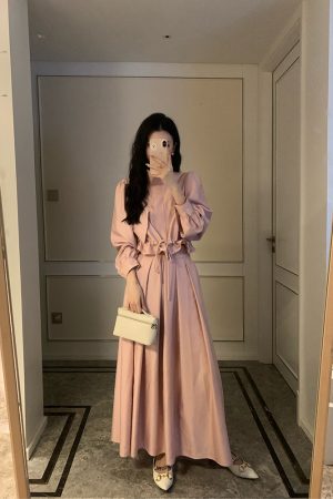 Pink Waist-Defining Trench Coat and Elastic Waist Midi Skirt Set - 2025 Early Spring Fashion, Chic Layering Outfit, Trendy Style
