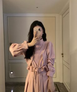 Pink Waist-Defining Trench Coat and Elastic Waist Midi Skirt Set - 2025 Early Spring Fashion, Chic Layering Outfit, Trendy Style