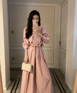Pink Waist-Defining Trench Coat and Elastic Waist Midi Skirt Set - 2025 Early Spring Fashion, Chic Layering Outfit, Trendy Style