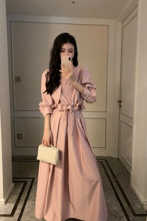 Pink Waist-Defining Trench Coat and Elastic Waist Midi Skirt Set - 2025 Early Spring Fashion, Chic Layering Outfit, Trendy Style