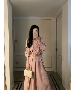 Pink Waist-Defining Trench Coat and Elastic Waist Midi Skirt Set - 2025 Early Spring Fashion, Chic Layering Outfit, Trendy Style