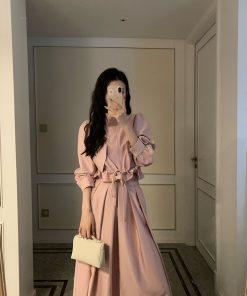 Pink Waist-Defining Trench Coat and Elastic Waist Midi Skirt Set - 2025 Early Spring Fashion, Chic Layering Outfit, Trendy Style