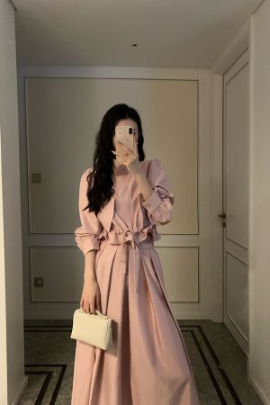 Pink Waist-Defining Trench Coat and Elastic Waist Midi Skirt Set - 2025 Early Spring Fashion, Chic Layering Outfit, Trendy Style