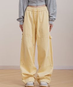 Pink Wide-Leg Cargo Pants for Women - Loose Drape, Spliced Design, Casual American Style, Trendy Versatile Fashion