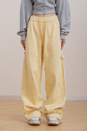 Pink Wide-Leg Cargo Pants for Women - Loose Drape, Spliced Design, Casual American Style, Trendy Versatile Fashion