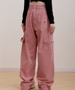 Pink Wide-Leg Cargo Pants for Women - Loose Drape, Spliced Design, Casual American Style, Trendy Versatile Fashion