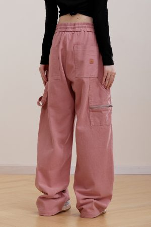Pink Wide-Leg Cargo Pants for Women - Loose Drape, Spliced Design, Casual American Style, Trendy Versatile Fashion