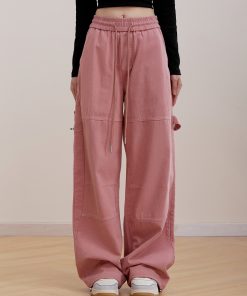 Pink Wide-Leg Cargo Pants for Women - Loose Drape, Spliced Design, Casual American Style, Trendy Versatile Fashion