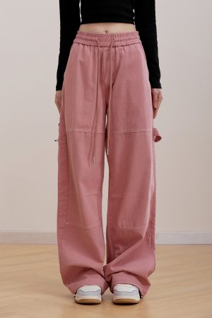 Pink Wide-Leg Cargo Pants for Women - Loose Drape, Spliced Design, Casual American Style, Trendy Versatile Fashion