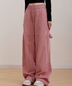 Pink Wide-Leg Cargo Pants for Women - Loose Drape, Spliced Design, Casual American Style, Trendy Versatile Fashion
