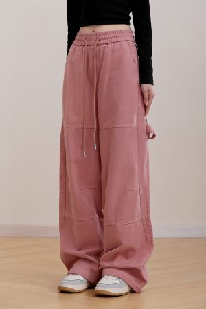 Pink Wide-Leg Cargo Pants for Women - Loose Drape, Spliced Design, Casual American Style, Trendy Versatile Fashion