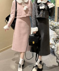 Pink Winter JK Style Thick Pudding Bear Two-Piece Set with Short Coat and Skirt, Petite Little Fashion Outfit