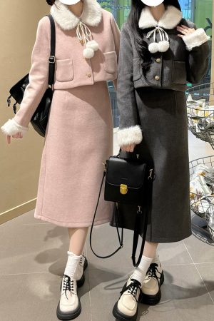 Pink Winter JK Style Thick Pudding Bear Two-Piece Set with Short Coat and Skirt, Petite Little Fashion Outfit