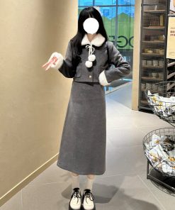 Pink Winter JK Style Thick Pudding Bear Two-Piece Set with Short Coat and Skirt, Petite Little Fashion Outfit