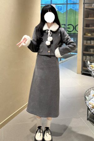 Pink Winter JK Style Thick Pudding Bear Two-Piece Set with Short Coat and Skirt, Petite Little Fashion Outfit