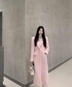 Pink Wool Coat for Women, Waist-Defining Elegant Overcoat, High-End Winter Style, Chic Fashion, Sophisticated Outerwear