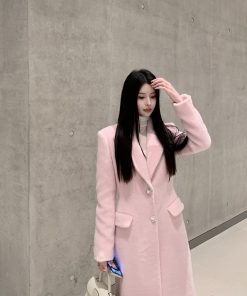Pink Wool Coat for Women, Waist-Defining Elegant Overcoat, High-End Winter Style, Chic Fashion, Sophisticated Outerwear