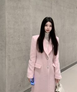 Pink Wool Coat for Women, Waist-Defining Elegant Overcoat, High-End Winter Style, Chic Fashion, Sophisticated Outerwear